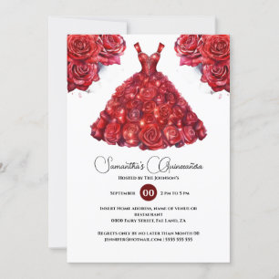 Invitation Rouge Quinceañera laine élégante fleur rose 15e