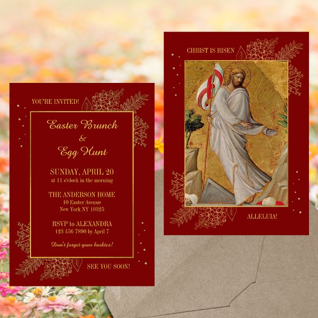 Invitation Rouge Religieux Il est ressuscité Pâques Brunch Ch (Religious Christian Catholic He is risen Jesus Christ Resurrection Easter Brunch Egg Hunt Invitation)