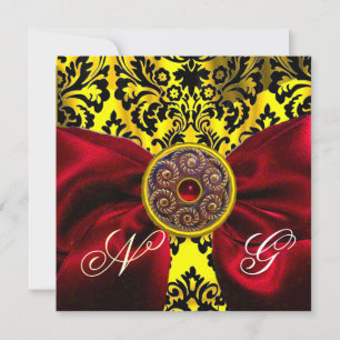 INVITATION ROUGE RIBBON OR JAUNE BLACK DAMASK MONOGRAM