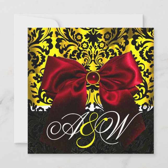 INVITATION ROUGE RIBBON OR JAUNE BLACK DAMASK MONOGRAM (Devant)