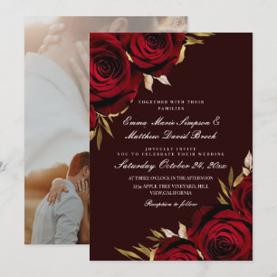 Invitation Rouge romantique et or Rose Florale Mariage