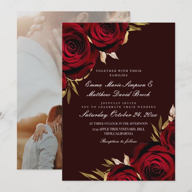 Invitation Rouge romantique et or Rose Florale Mariage (Devant / Derrière)
