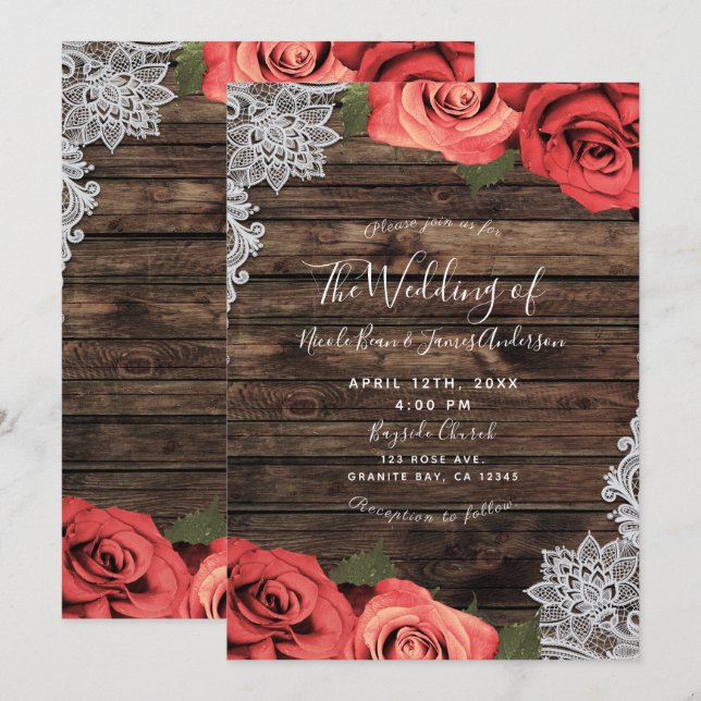 Invitation Rouge Romantique Fleurs Roses Bois Rustique Dentel (Devant / Derrière)