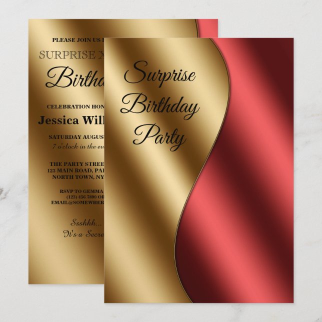 Invitation Rouge Romantique & Vagues Dorées Fête d'Anniversai (Devant / Derrière)