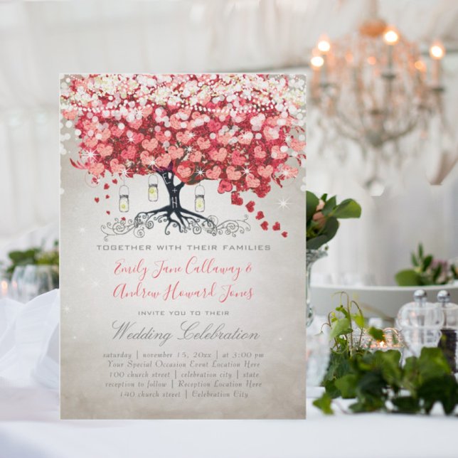 Invitation Rouge Rose Argenté Bois Coeur Feuille Mariage (Créateur téléchargé)