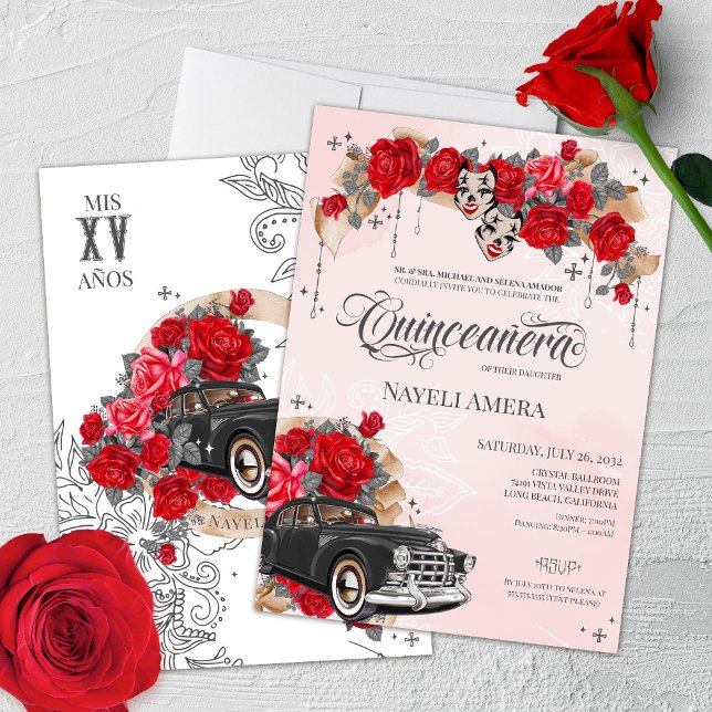 Invitation Rouge Rose classique voiture Chola Chicano Quincea (Créateur téléchargé)