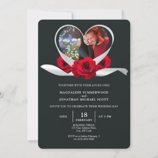 Invitation Rouge Rose Coeur Photo Romantique Blanc Ribbon Gri