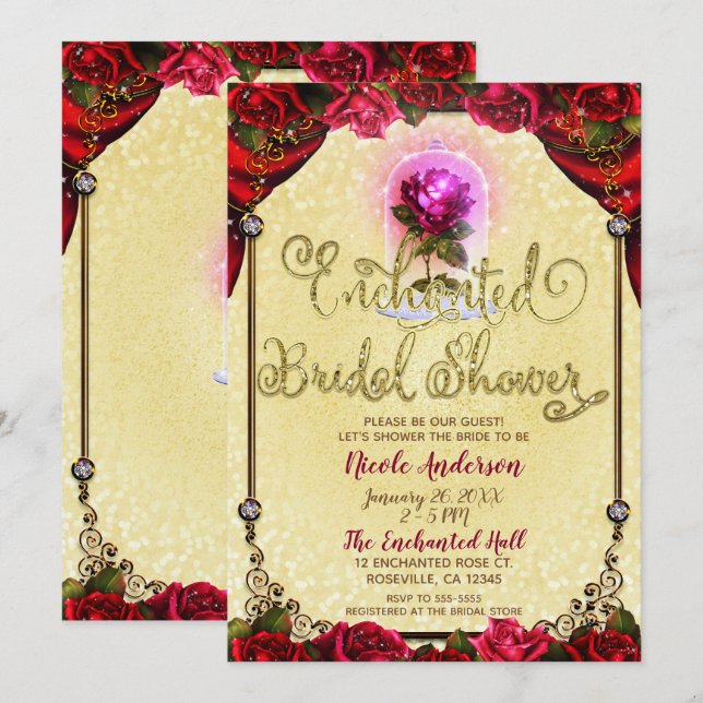 Invitation Rouge Rose Enchantée Beauté Baby Shower de Mariée (Devant / Derrière)