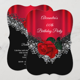 Invitation Rouge Rose Fête d'anniversaire Dentelle Noir Argen