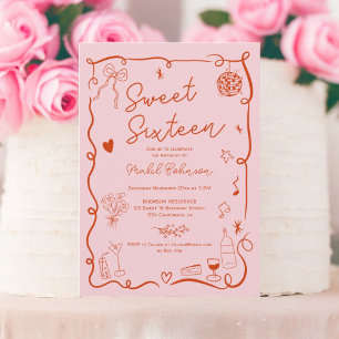 Invitation Rouge rose français dessiné à la main Sweet 16