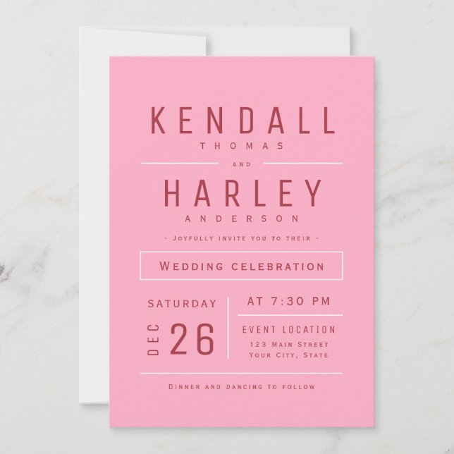 Invitation Rouge rose moderne Typographie simple Mariage phot (Devant)
