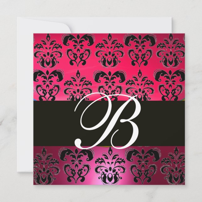 Invitation ROUGE ROSE NOIR DAMASQUE MONOGRAMME fuchsia blanc (Devant)