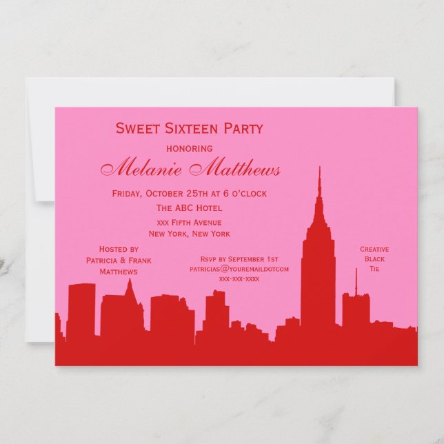 Invitation Rouge rose NYC Skyline Silhouette Sweet sixteen (Devant)