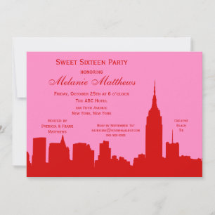 Invitation Rouge rose NYC Skyline Silhouette Sweet sixteen