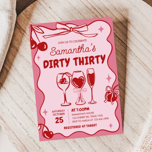 Invitation Rouge rose roux rousse Trente Anniversaire (Hand Drawn Cherry Dirty Thirty Birthday Party Invitation)