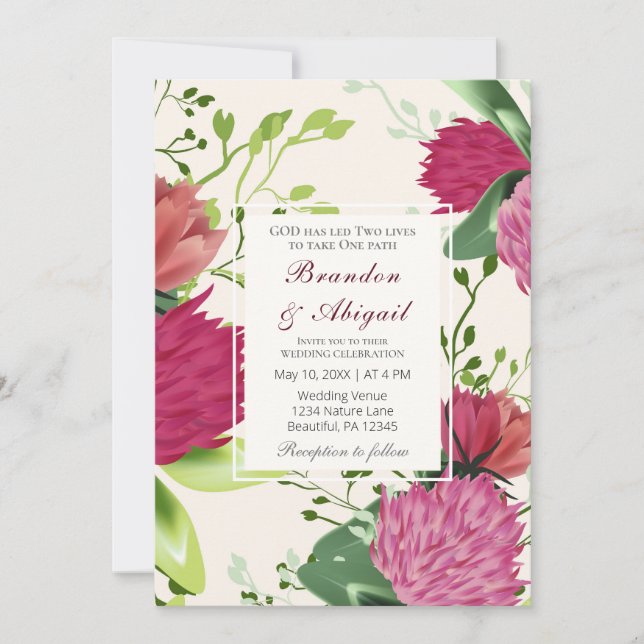 Invitation Rouge rose Vert Clover Floral Mariage chrétien (Devant)