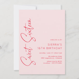 Invitation Rouge rose vif Script doux 16 Anniversaire