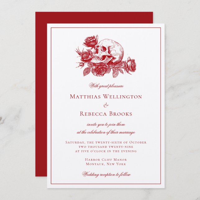 Invitation Rouge Roses Crâne Mariage gothique moderne (Devant / Derrière)
