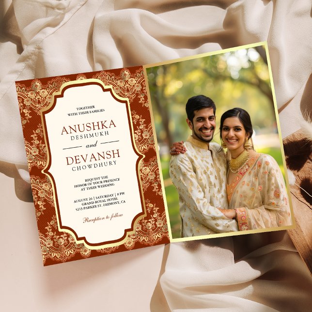 Invitation Rouge Rouille Or Dentelle Code QR Photo Mariage In (Créateur téléchargé)