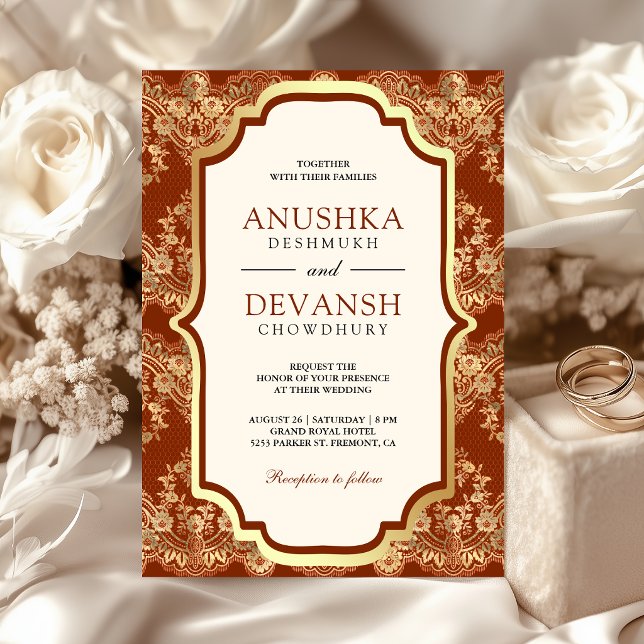 Invitation Rouge Rouille Or Dentelle Mariage Indien (Créateur téléchargé)