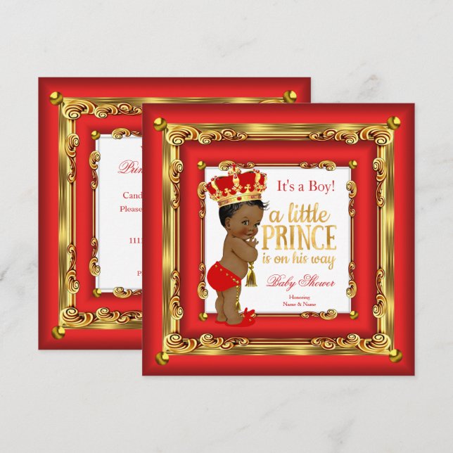 Invitation Rouge Royal Or Prince Bébé Fête Ethnique Garçon (Devant / Derrière)