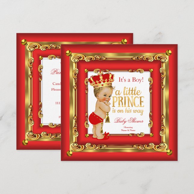 Invitation Rouge Royal Or Prince Bébé Filleul Blond Garçon (Devant / Derrière)