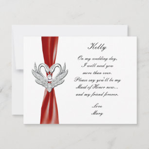 Invitation Rouge Ruban Cygnes En Argent Maid Of Honor Card