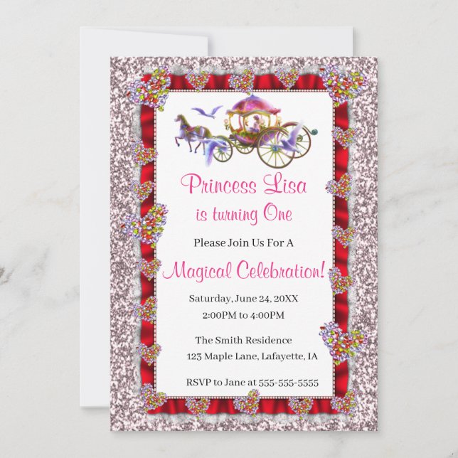 Invitation Rouge Ruban rose Parties scintillant Royal Princes (Devant)