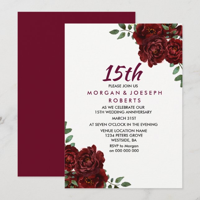 Invitation Rouge Rubis Bourguignon Rose 15e Anniversaire de M (Devant / Derrière)