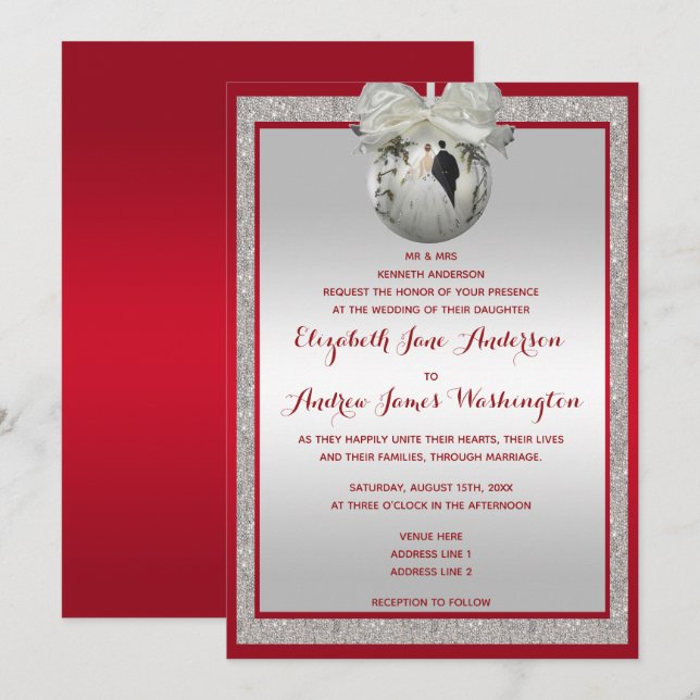 Invitation Rouge Ruby Classé & Mariage de Noël Sparkly Bauble (Devant / Derrière)