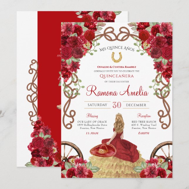 Invitation Rouge Russe Floral Ouest Charro Quinceanera (Devant / Derrière)