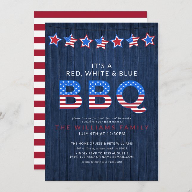 Invitation Rouge rustique Blanc & BBQ Bleu 4 juillet bois (Devant / Derrière)