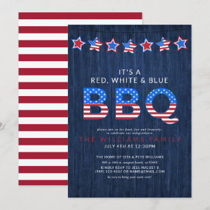 Invitation Rouge rustique Blanc & BBQ Bleu 4 juillet bois