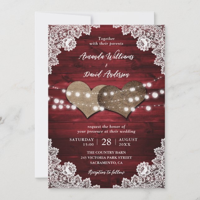 Invitation Rouge Rustique Bois Burlap Dentelle Mariage (Devant)