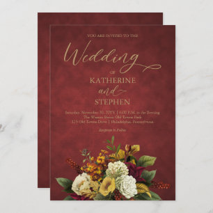 Invitation Rouge rustique Orange Mariage Bouquet Floral O