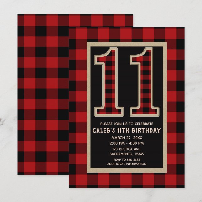 Invitation Rouge Rustique Plaid Buffalo Noir 11e 11 Anniversa (Devant / Derrière)