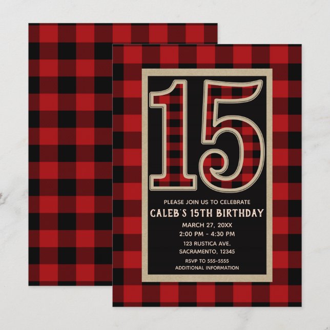 Invitation Rouge Rustique Plaid Buffalo Noir 15e 15 Anniversa (Devant / Derrière)
