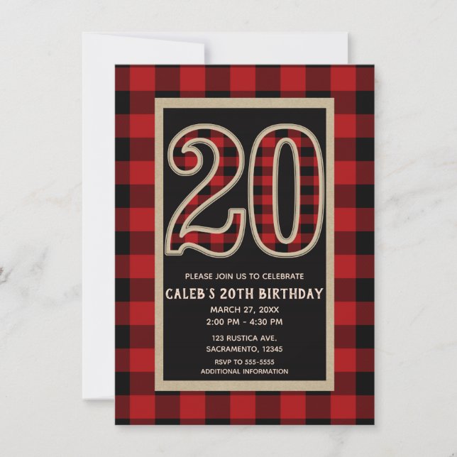 Invitation Rouge Rustique Plaid Buffalo Noir 20e 20 Anniversa (Devant)