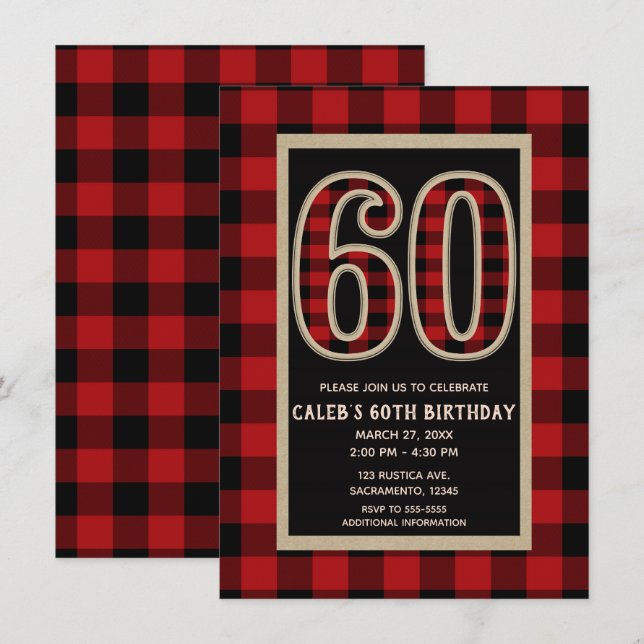 Invitation Rouge Rustique Plaid Buffalo Noir 60ème 60 Ans (Devant / Derrière)
