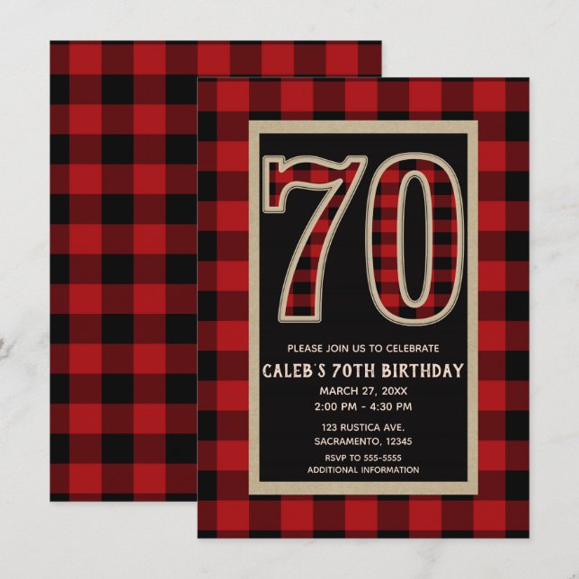 Invitation Rouge Rustique Plaid Buffalo Noir 70e 70 Anniversa (Devant / Derrière)