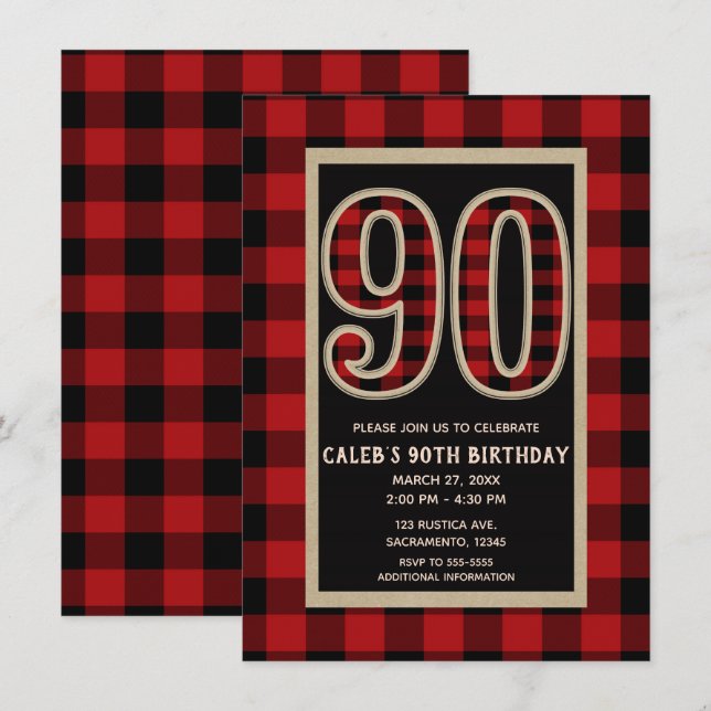 Invitation Rouge Rustique Plaid Buffalo Noir 90ème 90 Anniver (Devant / Derrière)