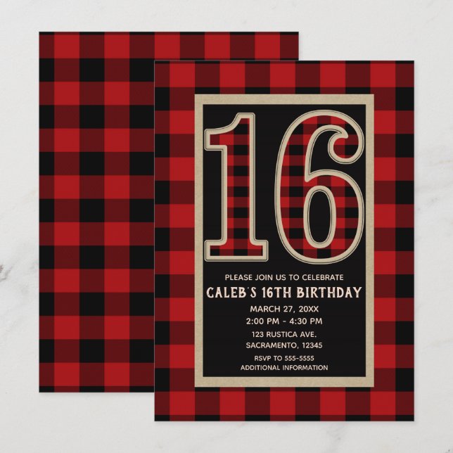 Invitation Rouge Rustique Plaid Buffle Noir 16e 16 Anniversai (Devant / Derrière)
