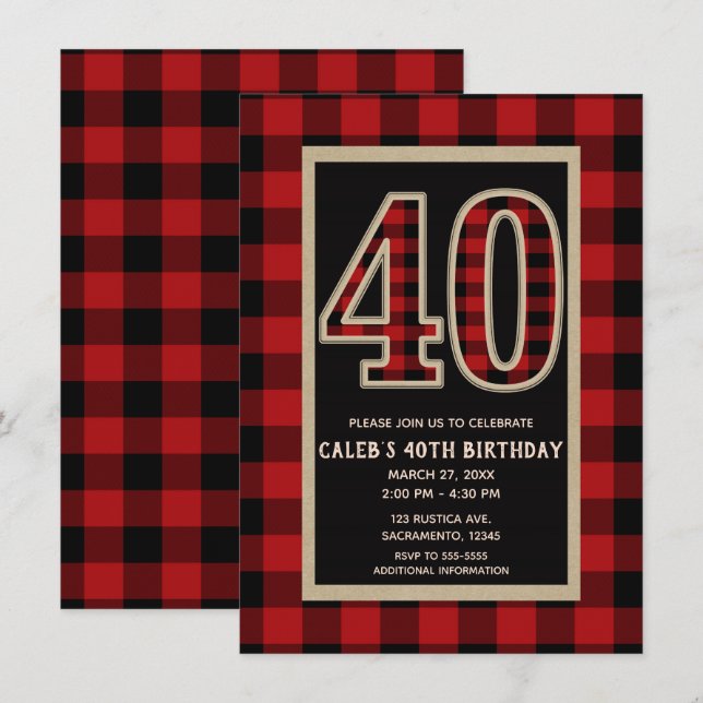 Invitation Rouge Rustique Plaid de Buffalo Noir 40e 40 Annive (Devant / Derrière)