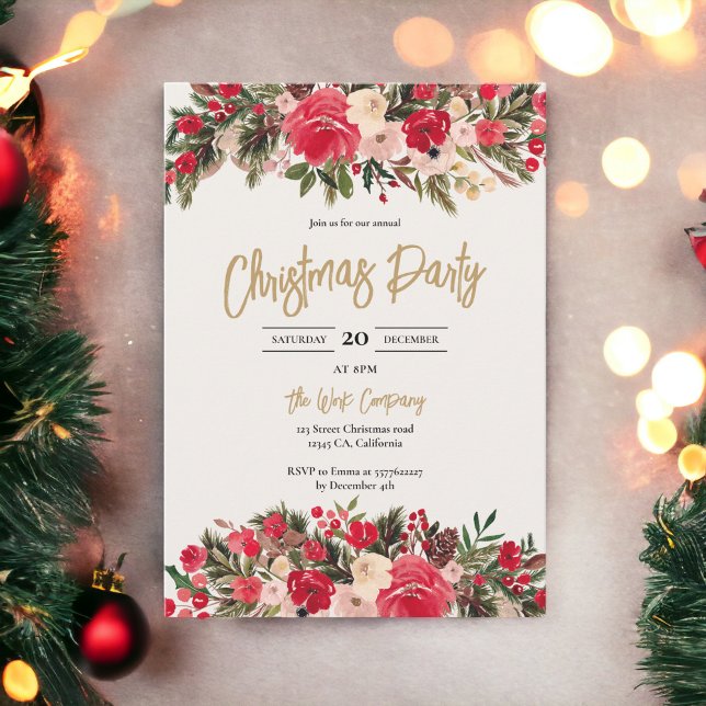 Invitation Rouge rustique vert Floral hiver Entreprise Noël (Rustic Red green Floral Winter Corporate Christmas Invitation)