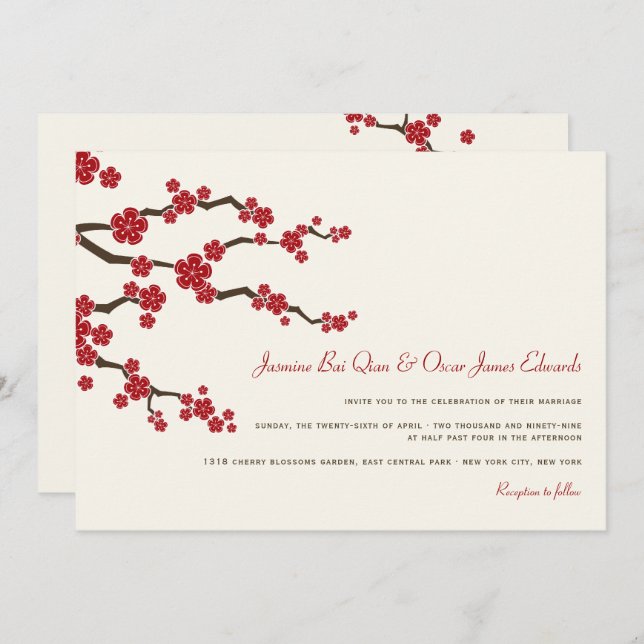 Invitation Rouge Sakura Cherry Blossoms Mariage asiatique mod (Devant / Derrière)