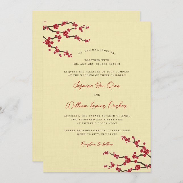 Invitation Rouge Sakura Cherry Blossoms Mariage asiatique mod (Devant / Derrière)