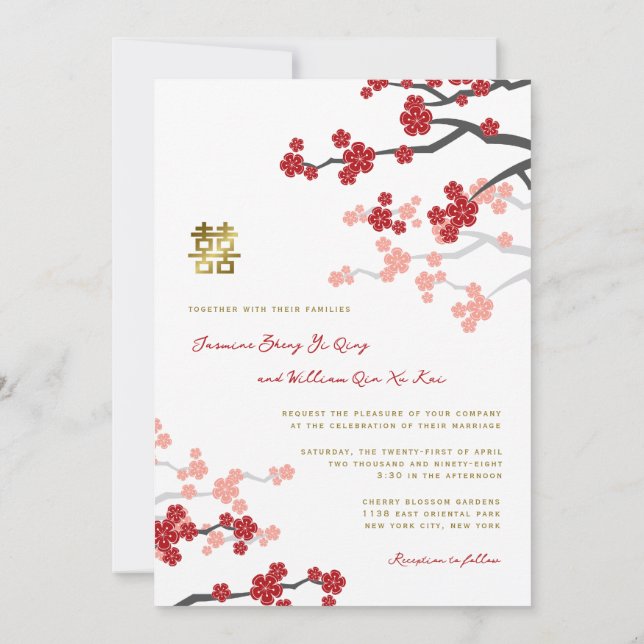 Invitation Rouge Sakura Or Double Bonheur Mariage Chinois (Dos)