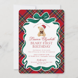 Invitation Rouge Tartan Plaid Noël Ourson Premier Anniversair