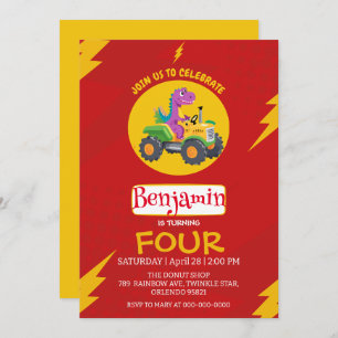 Invitation ROUGE thunder Cute dinosaur camion école Anniversa