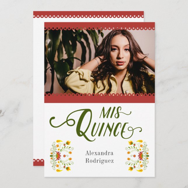 Invitation Rouge traditionnel mexicain Floral Photo Quinceane (Devant / Derrière)